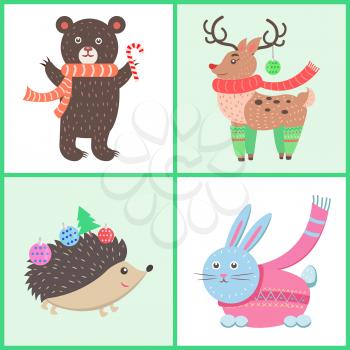 Animals in warm clothes isolated on white background. Vector illustration with bear and deer with scarf, hedgehog and hare in sweater