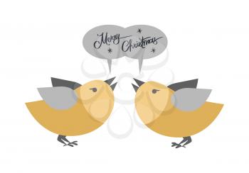 Merry Christmas pair of birds singing greetings on white. Vector illustration of cartoon golden flying animals with grey wings standing face to face and inscription above them in gray oval elements