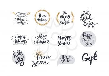 Merry Christmas and Happy New Year white card with many wish signs. Vector illustration in cartoon style of congratulation with New Year, hello winter, eat, drink and enjoy, wishing holly jolly