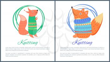 Knitting sweaters on funny toy fox and squirrel vector illustration in hand made concept. Cute forest animals in warm winter cloth banner with text