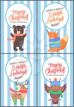 Merry Christmas and bright winter days 70s postcard with congratulations from cute animals in knitted clothes. Vector illustration on white-blue background
