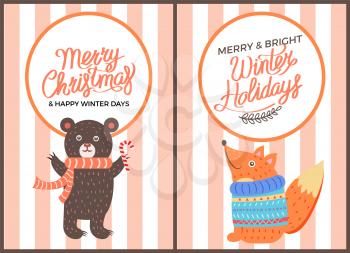Merry Christmas and happy winter days, poster with bear wearing scarf and holding sweet candy and fox in sweater vector isolated on red stripes