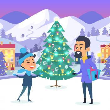 Little smiling boy and man with gift box in hand near decorated Christmas tree on urban icerink. Vector illustration in flat design of celebrating New Year and spending xmas winter holidays outdoors