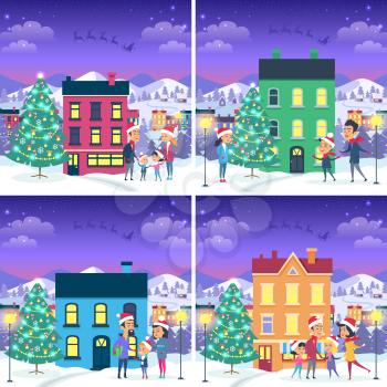Collection of Christmas pictures with happy families near different in shape, colour, size houses and decorated xmas tree. Vector cartoon illustration of town with snowy mountains on background.