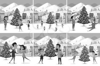 Monochrome set of happy people ice-skating on ice rink. Vector illustration of different families friends master or studying figure skating among Christmas tree mountains and houses in small town.