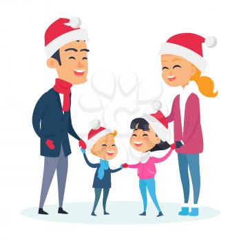 Happy family in warm clothes on white background. Vector illustration of big family with two child who wear Christmas red hats. Preparation to celebration of New Year holidays in flat style design