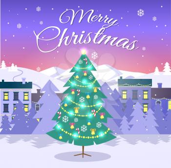 Merry Christmas and fir tree on city background. Christmas tree decorated by bright festoon, snowflake, candy canes and bells. Vector illustration of white high mountains, forest and blocks of flats.