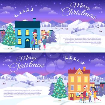 Postcard with Merry Christmas text. Vector illustration of smiling family father mother and son on white snowy field in red hats. Mountain forest and houses on the background, city entertainment