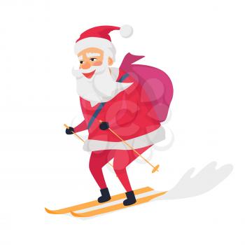 Skiing happy Santa Claus on white background. Vector illustration of man with bag on his back who wears warm red coat and trousers, soft hat and black boots gloves. Active lifestyle with winter sports