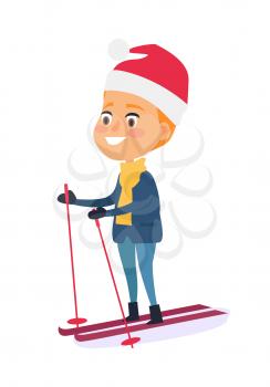Isolated smiling boy skiing on white background. Vector illustration of happy child doing winter kind of sports with help of ski and poles in mountain resort. Outdoor spending time on fresh air