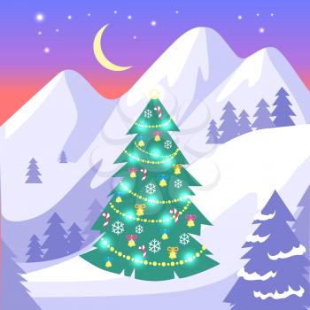 Beautiful landscape of high snowy white mountains and moon with bright stars on blue sky. Vector background with decorated Christmas fir tree with garlands among snowy fields in flat style design