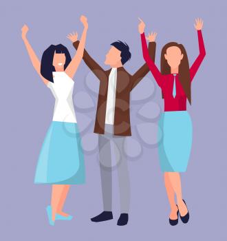 People raising their hands upward, smiling and having fun, partying together on vector illustration isolated on light-purple background
