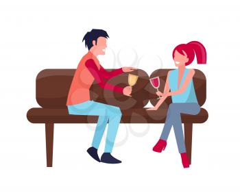 Man and woman sitting on sofa with glass of wine and champagne in their hand represented on vector illustration isolated on white