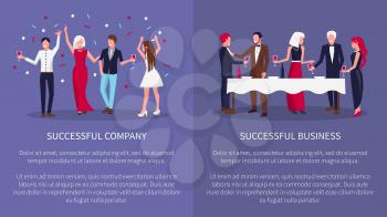 Successful company and business banner with people dancing, drinking cocktails and having fun on corporate party. Vector illustration on violet background