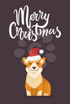 Merry Christmas lettering and dog wearing red Christmas hat off Santa Claus, domestic pet with smile and headline isolated on vector illustration