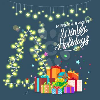 Merry and bright winter holidays wish on colorful postcard with garlands, Christmas tree and presents. Vector illustration of congratulation on dark background