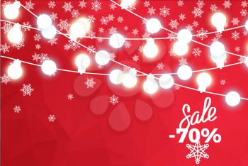 Sale 70 percent winter concept background with light bulbs, glittering illuminated garlands isolated on red backdrop vector illustration with snowflake