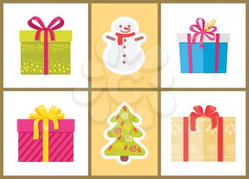 Christmas presents and symbols set of icons on light background. Vector illustration with colorful gift boxes with xmas spruce and happy snowman