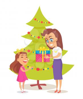 Vector illustration with parent giving present to happy child on light background. Merry Christmas poster with mother and daughter near to Xmas tree.