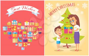 Best wishes and merry Christmas posters, heart made of gifts, ribbon with title and family celebrating holiday by evergreen tree vector illustration