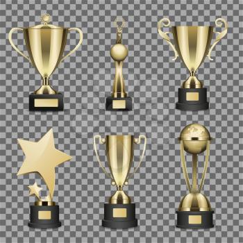 Concept of six golden trophy cups for champion on transparent background. Sparkling chalice in form of star or sphere, vector illustration