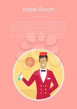 Hotel room poster with pink background and circle icon of bellhop. Vector illustration of cheerful employee in red jacket and hat holding key
