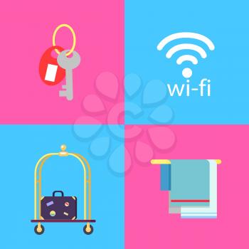 Room key with trinket, wifi connection icon, briefcase with stickers on trolley and towels on hangers isolated vector illustrations set.