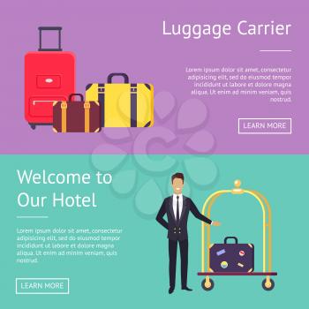 Welcome to our hotel and luggage carrier web page design with baggage and bellman greeting guest of site. Vector illustration with space for text and buttons