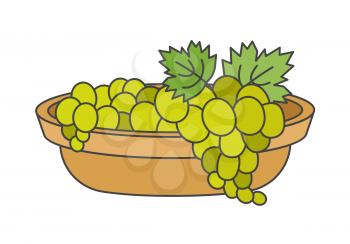 Clusters of green grapes in beige bowl art icon close-up isolated on white. Sweet juicy berry consisting of bunches with wide leaves. Vector illustration in cartoon style graphic flat design.