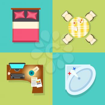 Big furniture items set, icons of bed with pillows, table and chairs, computer and lamp, and sink represented on vector illustration