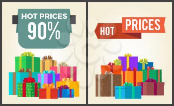 Hot prices total final sale discounts -90 off promo labels percent signs on banners with piles of present boxes in decorative wrapping paper vector