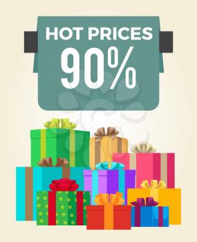 Hot prices 90 off total final sale discounts promo label percent sign on banner with piles of present boxes in decorative wrapping paper vector