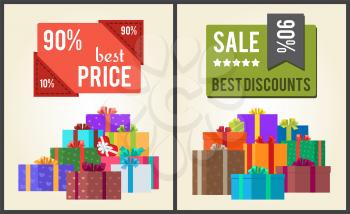 90 best price sale discounts square labels with stickers vector promo posters with heaps of present gift boxes with decorative bows isolated on white