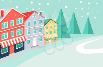 Winter landscape with buildings that have markets at ground floors, evergreen tall spruces on horizon and thin path cartoon vector illustration.