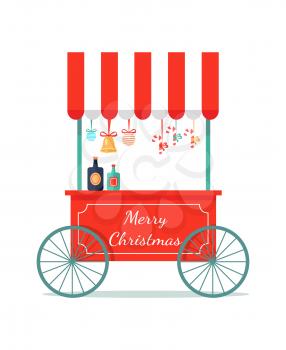 Merry Christmas congratulation booth with sweets icon isolated on white background. Vector illustration with kiosk with bright lollipops and candies