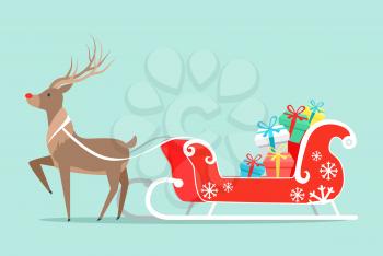 Santa Claus sleigh and deer icon isolated on light green background. Vector illustration with reindeer and big amount of Christmas presents in sled