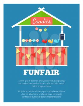 Funfair poster with market candies counter, vector illustration outdoor shop with triangle roof isolated on dark blue. Striped tent with present boxes