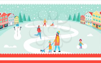 Snowy winter park poster with playing people, walking dogs and making snowballs. Vector illustration picturesque view surrounded by trees and buildings