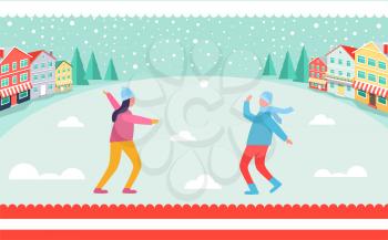 People playing snowballs on picturesque wintertime landscape. Vector illustration with man and woman having fun in snowy cold park with rare buildings