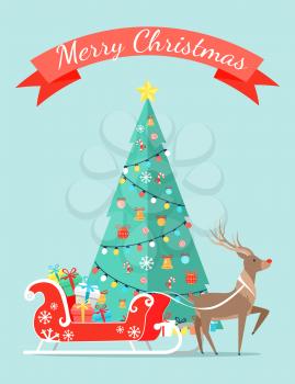 Merry Christmas poster with decorated tree by garlands, bells and bows on ribbons, sleigh full of presents and reindeer animal vector illustration