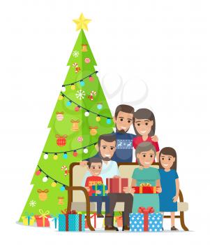 Big family gathered near decorated Christmas tree on bench to exchange presents in big boxes tied with bows isolated cartoon vector illustration.