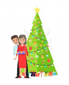 Decorated Christmas tree with garlands, bells and bows on ribbons, many packed presents in gift boxes and family couple giving presents each other vector