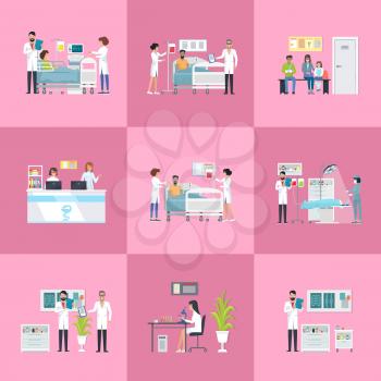 Hospital activities, doctor checking up results, nurse caring for patient, people waiting for help and women at reception on vector illustration