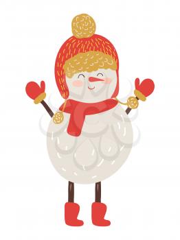 Snowman in red hat and scarf isolated on white background. Vector illustration with happy fairy tale character in warm knitted clothes and winter gloves