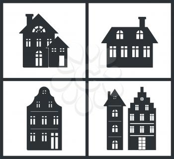 Black silhouettes of building isolated on white background. Vector illustration with set of four pictures with silhouettes of cute small dark houses