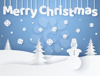 Merry Christmas paper banner with winter landscape with pines and spruces surrounded by falling snow. Vector illustration with congratulation from snowman