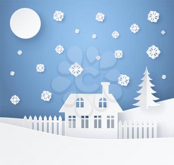 Merry Christmas poster made of paper with white country house with fence, fir tree on hill, sky full of snowflakes and Moon vector illustration on blue