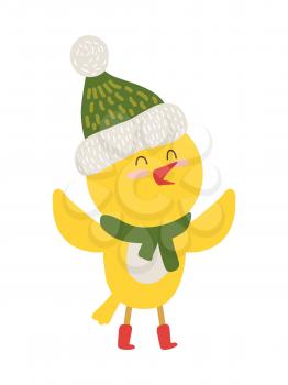 Yellow chicken in scarf icon isolated on white background. Vector illustration with happy bird in green knitted hat with white bubo and red shoes