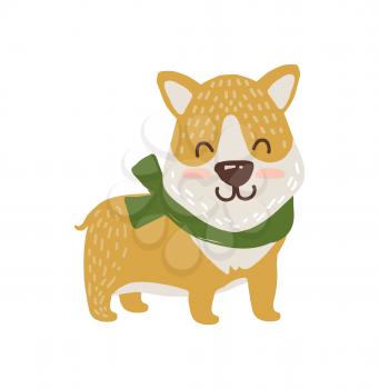 Happy dog in scarf icon isolated on white background. Vector illustration with smiling beautiful pet with red blush on cheeks in green knitted accessory