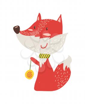 Happy red fox with yo-yo icon isolated on white background. Vector illustration with cute smiling animal with colorful rotating toy on thin rope or ball